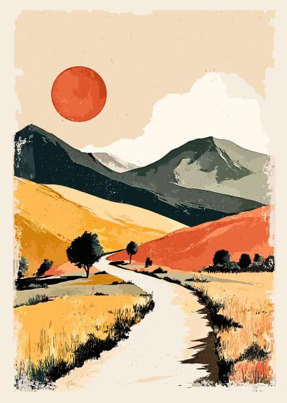 Simplified landscape with mountains, a sun, and a winding path.
