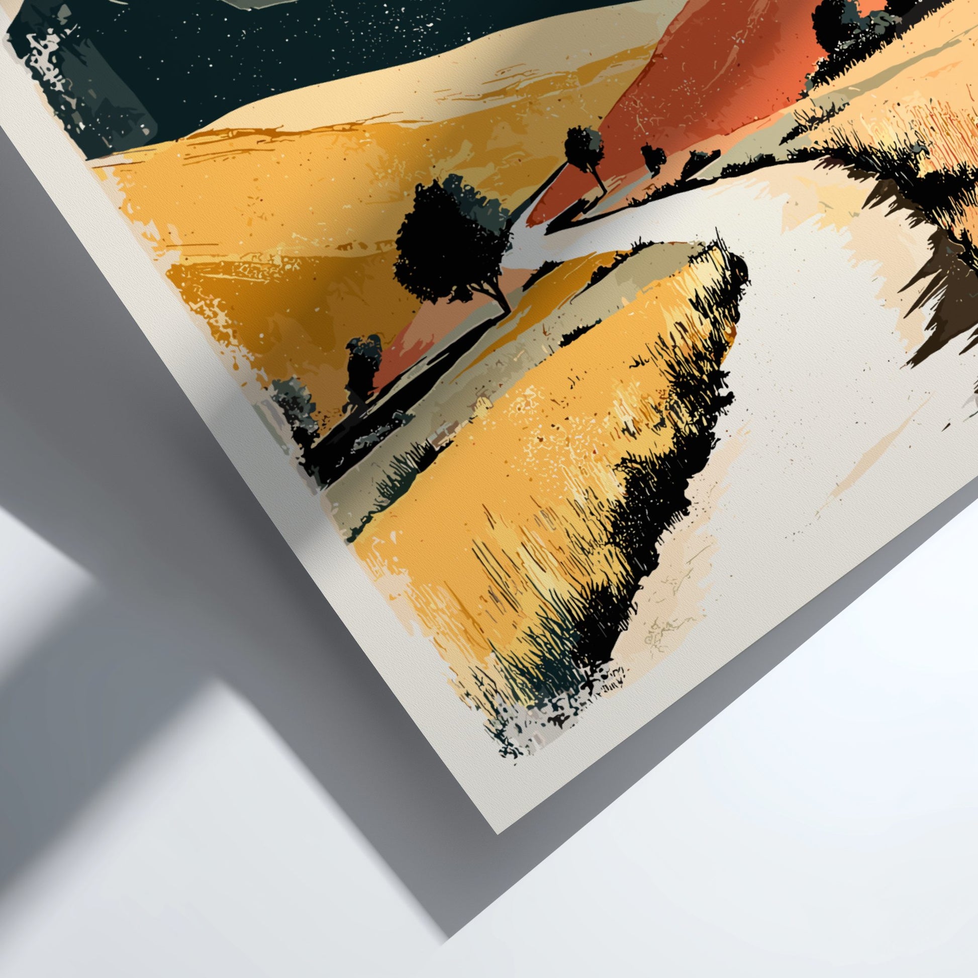 abstract landscape illustration on a wall with natural light