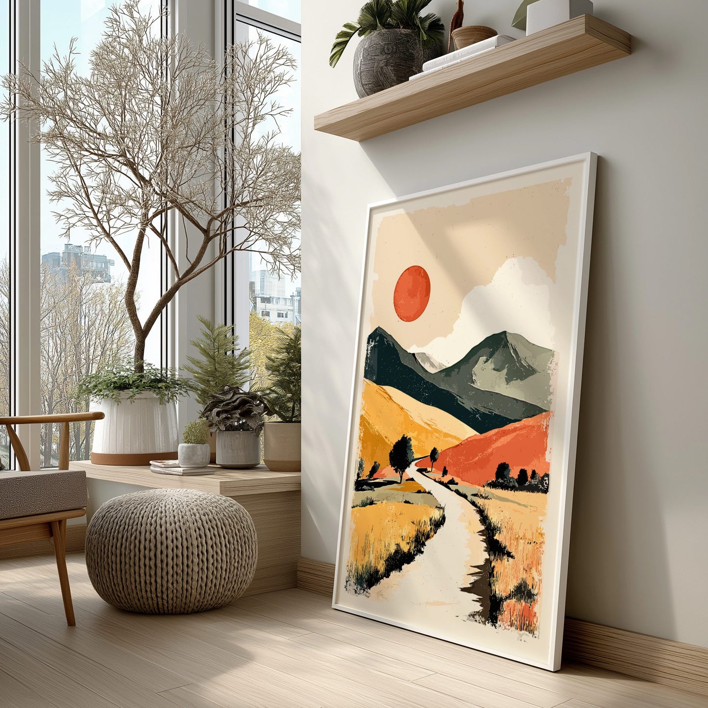 Framed abstract landscape art on a wall with natural light
