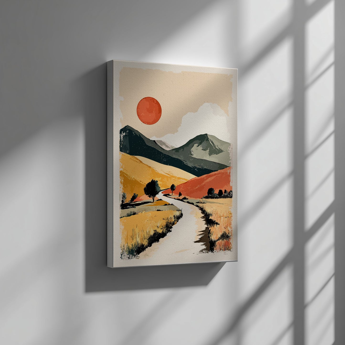 abstract Canvas of a landscape illustration on a wall with natural light