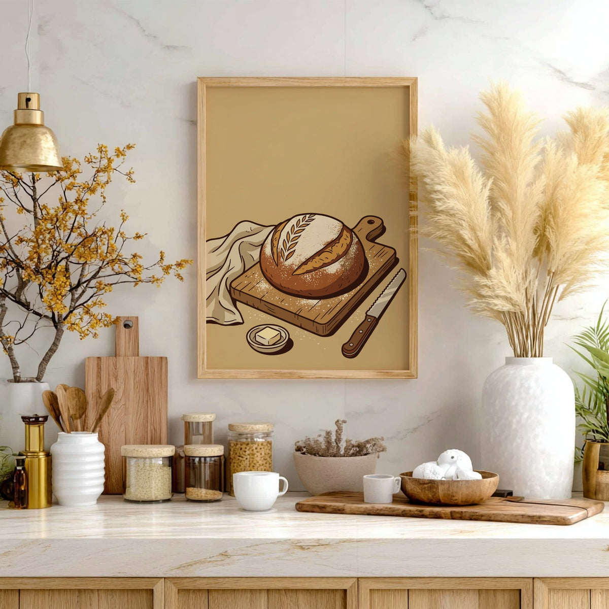 Poster featuring a loaf of sourdough bread on a wooden board with butter