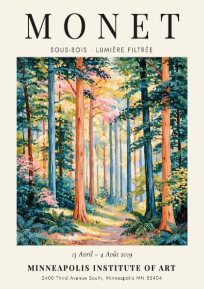 Nature poster inspired by Monet featuring vibrant greens and soft light