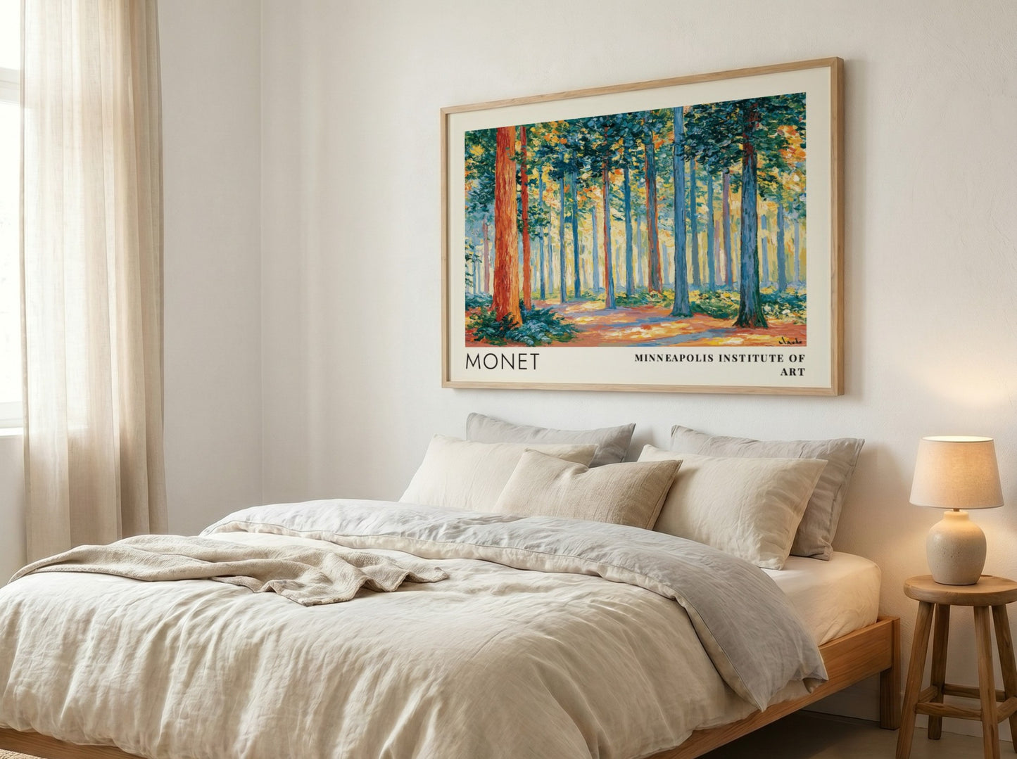 Wall art print of Monet's Sous-Bois - Lumière Filtrée featuring vibrant greens and warm light in a serene