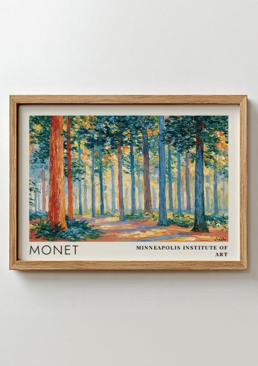 Wall art print of Monet's Sous-Bois - Lumière Filtrée featuring vibrant greens and warm light in a serene