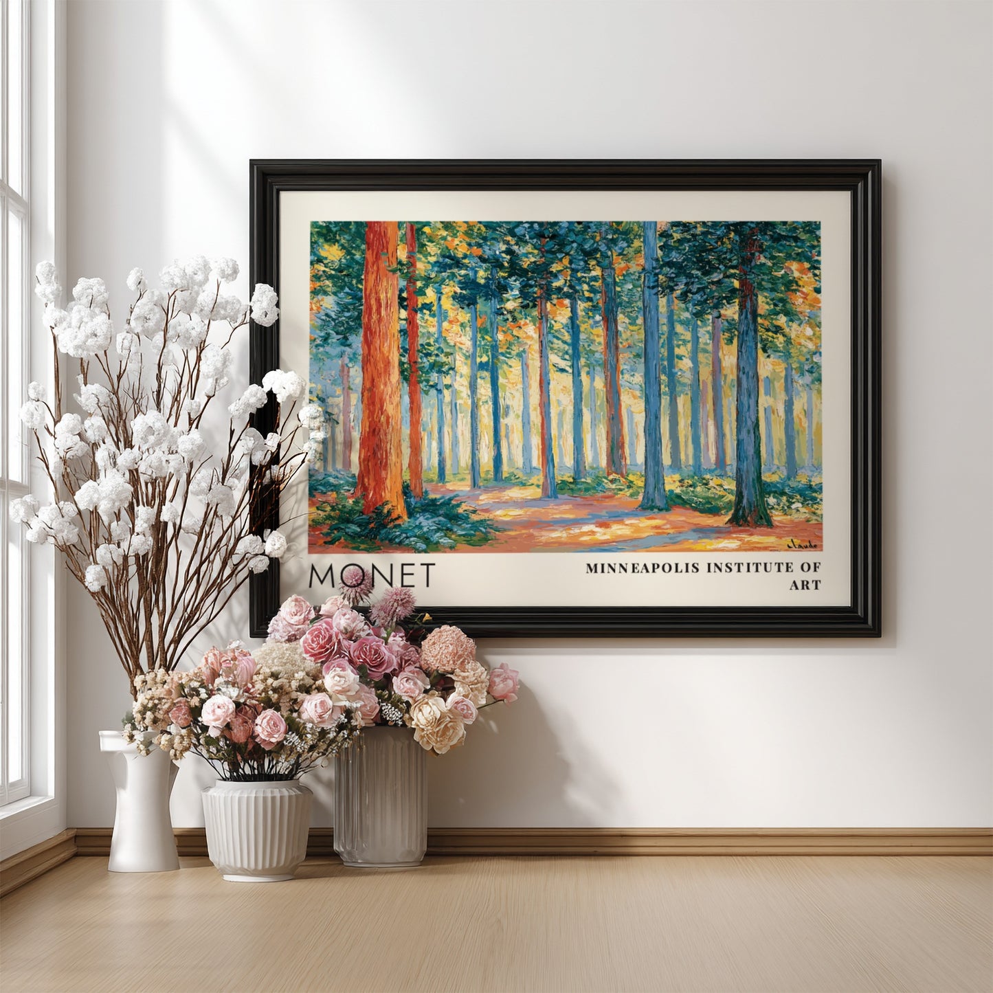 Wall art print of Monet's Sous-Bois - Lumière Filtrée featuring vibrant greens and warm light in a serene