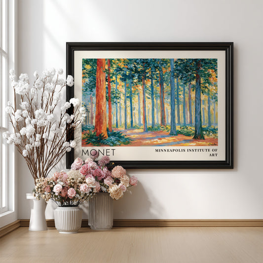 Wall art print of Monet's Sous-Bois - Lumière Filtrée featuring vibrant greens and warm light in a serene