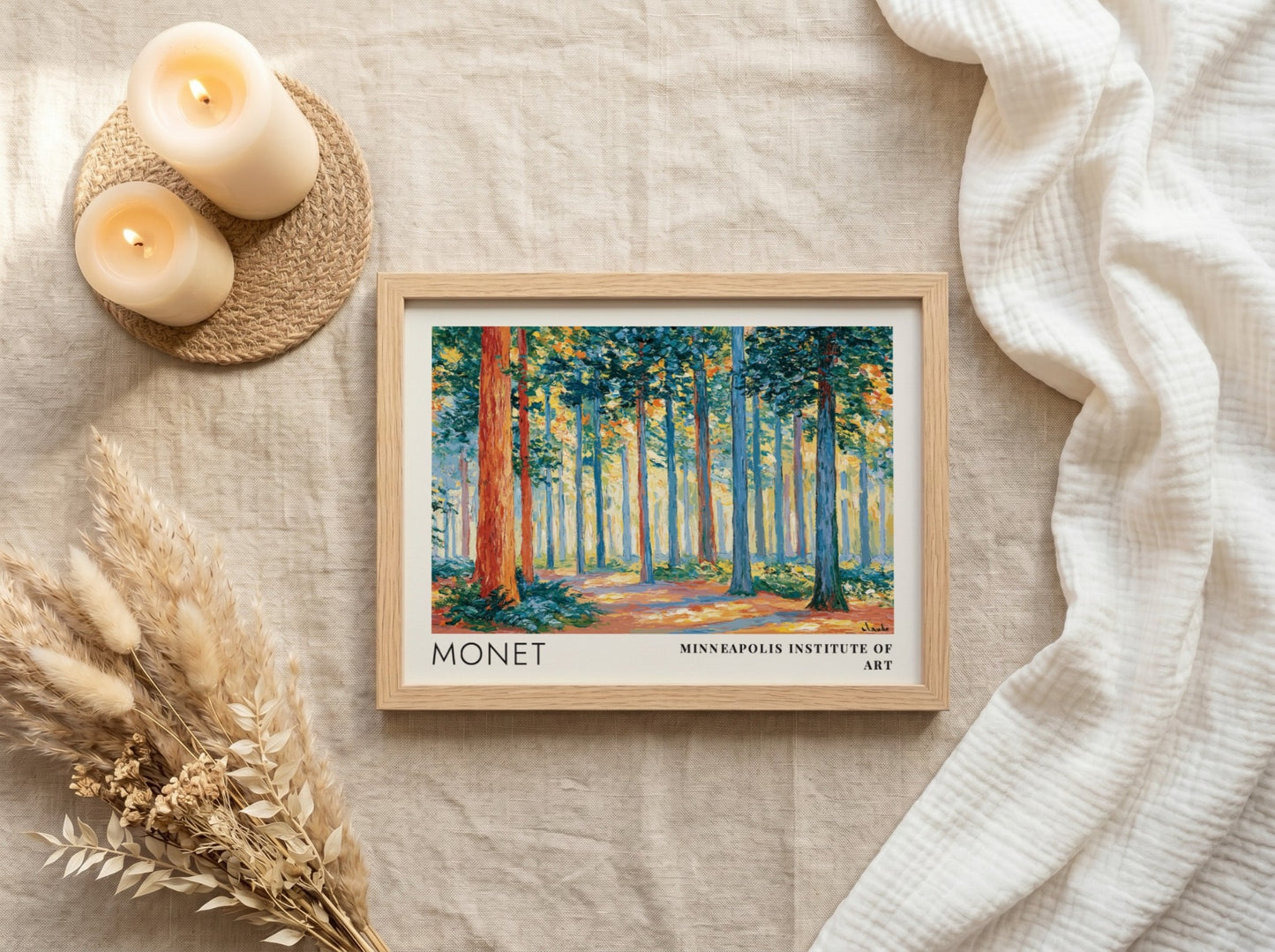 Wall art print of Monet's Sous-Bois - Lumière Filtrée featuring vibrant greens and warm light in a serene