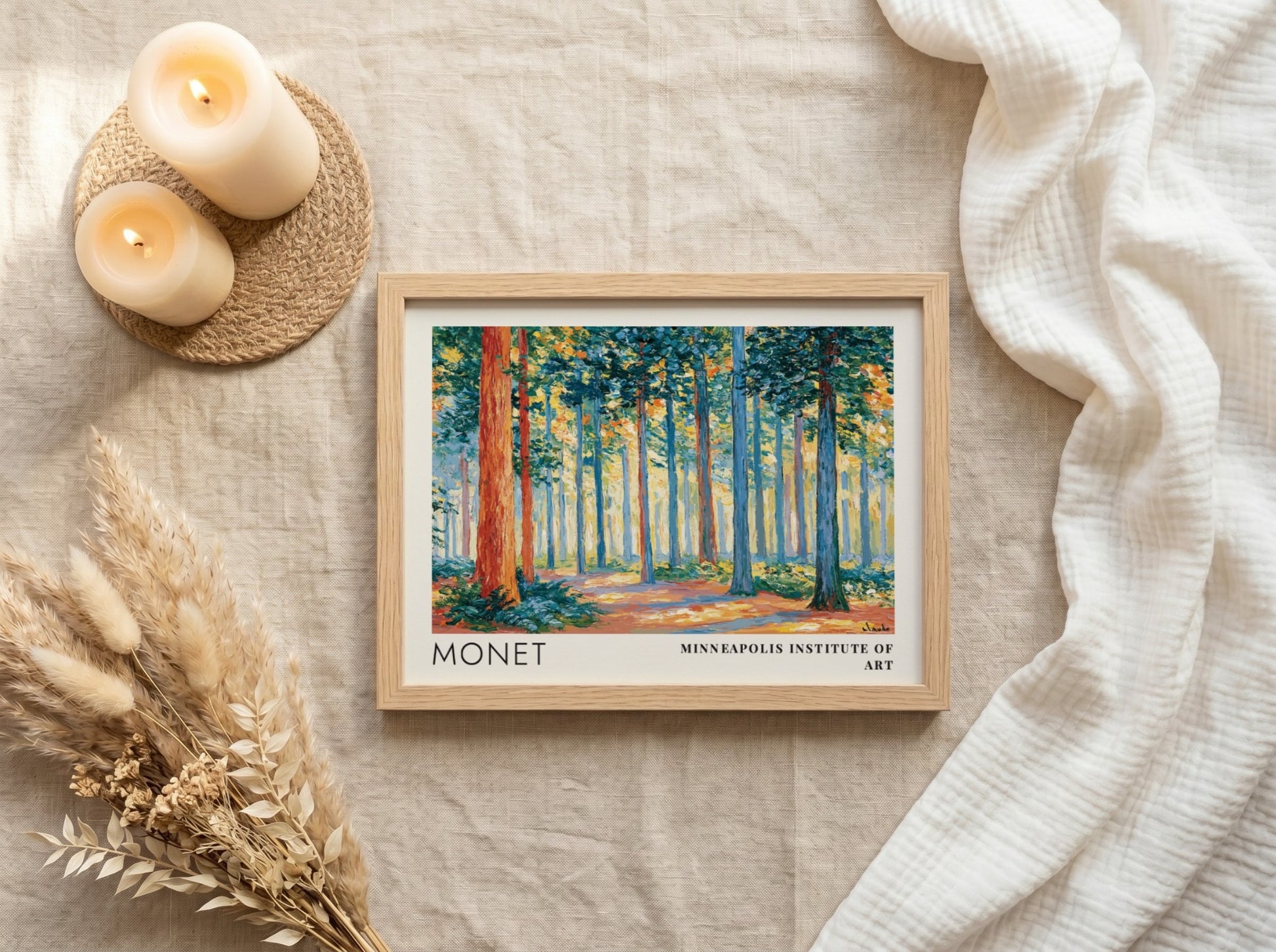 Wall art print of Monet's Sous-Bois - Lumière Filtrée featuring vibrant greens and warm light in a serene