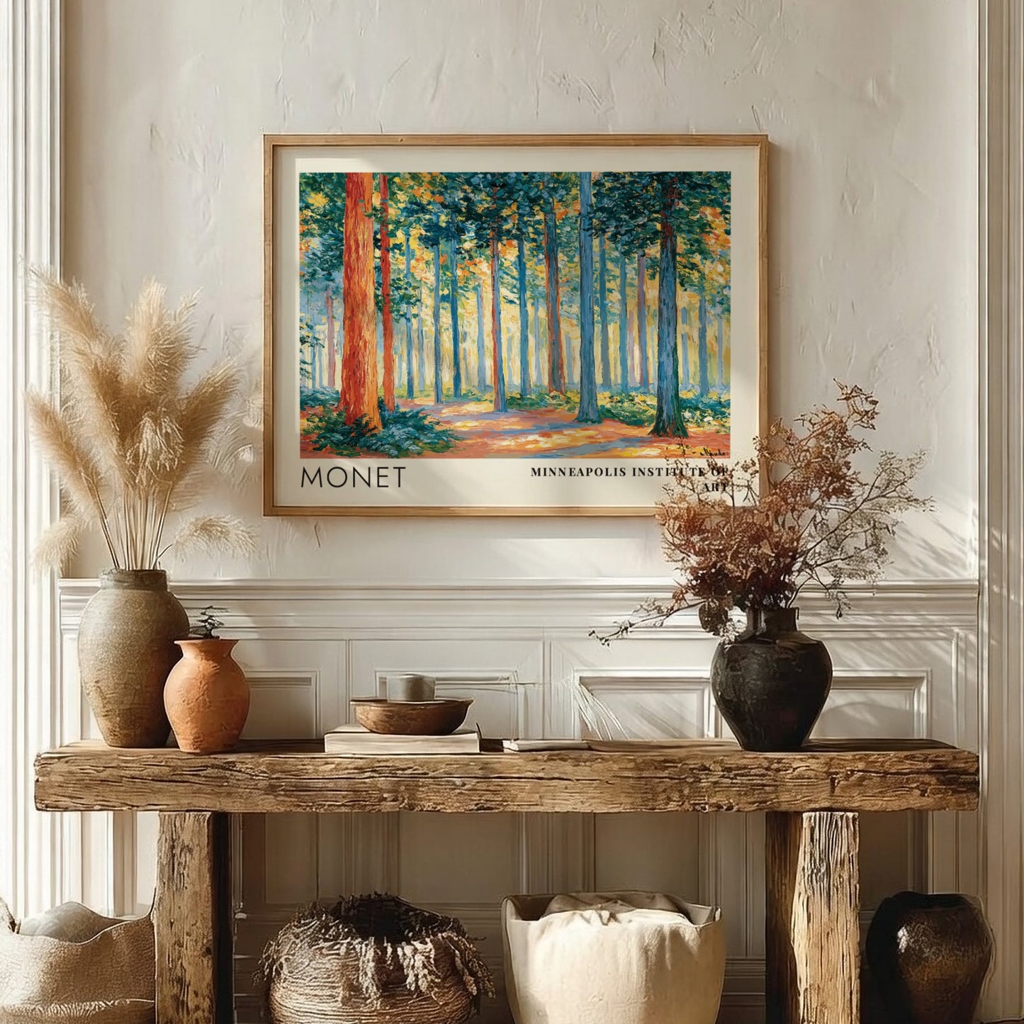 Wall art print of Monet's Sous-Bois - Lumière Filtrée featuring vibrant greens and warm light in a serene