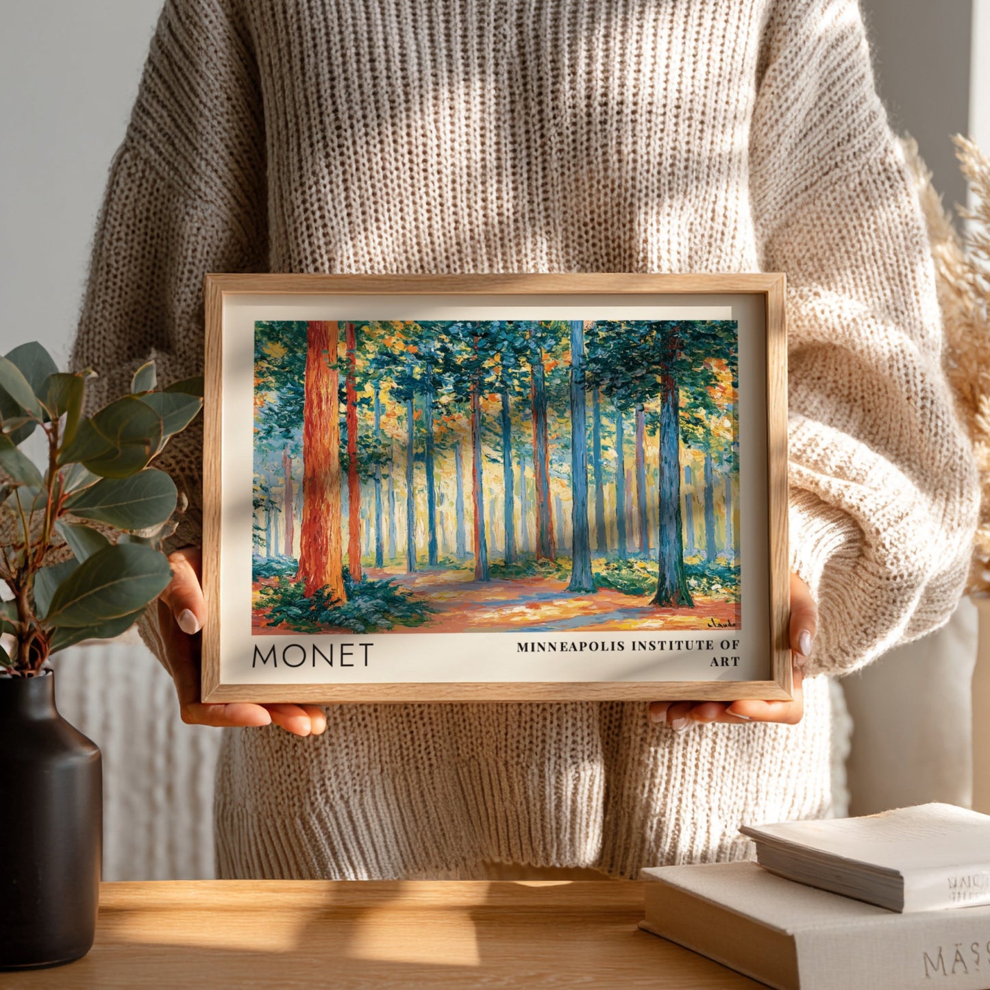 Wall art print of Monet's Sous-Bois - Lumière Filtrée featuring vibrant greens and warm light in a serene