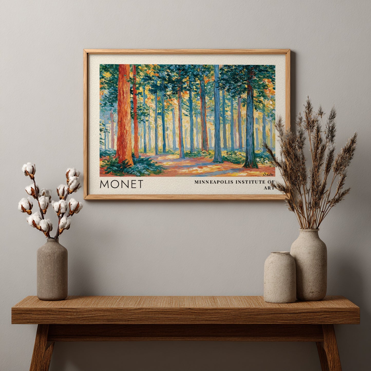 Wall art print of Monet's Sous-Bois - Lumière Filtrée featuring vibrant greens and warm light in a serene