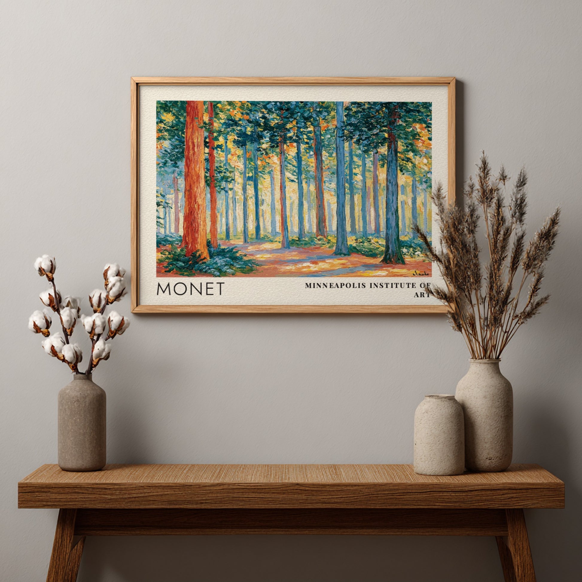 Wall art print of Monet's Sous-Bois - Lumière Filtrée featuring vibrant greens and warm light in a serene