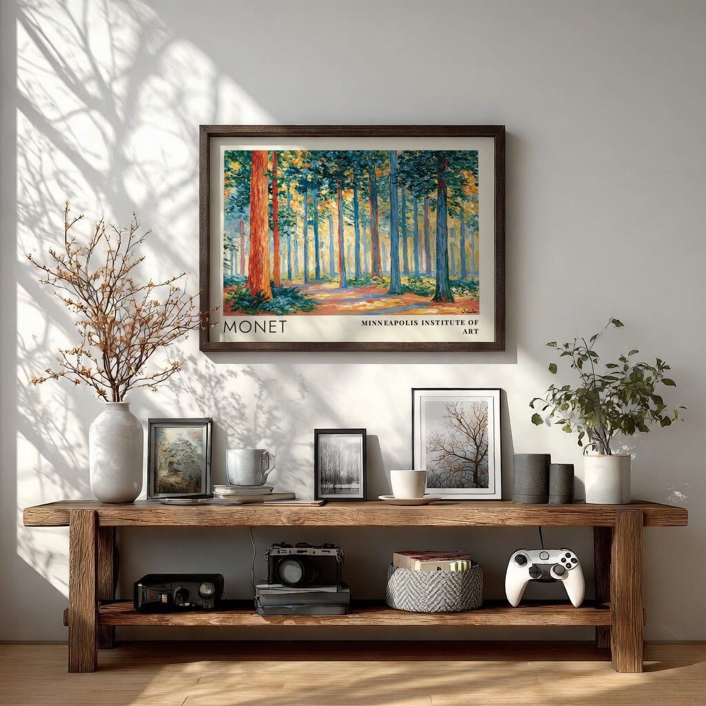 Wall art print of Monet's Sous-Bois - Lumière Filtrée featuring vibrant greens and warm light in a serene