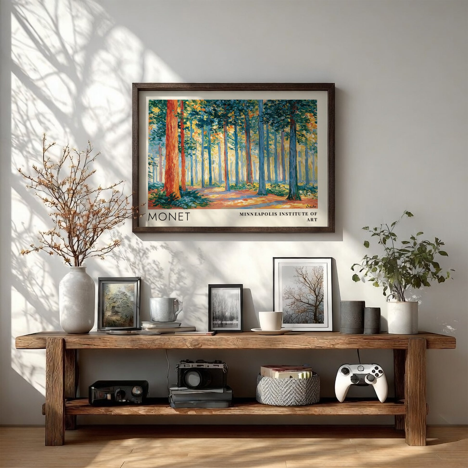 Wall art print of Monet's Sous-Bois - Lumière Filtrée featuring vibrant greens and warm light in a serene