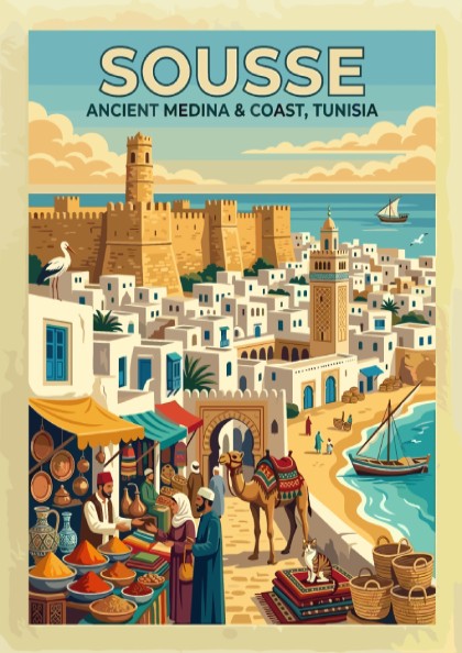 Travel poster of Sousse Tunisia showing a historic medina, spice market, and camel.