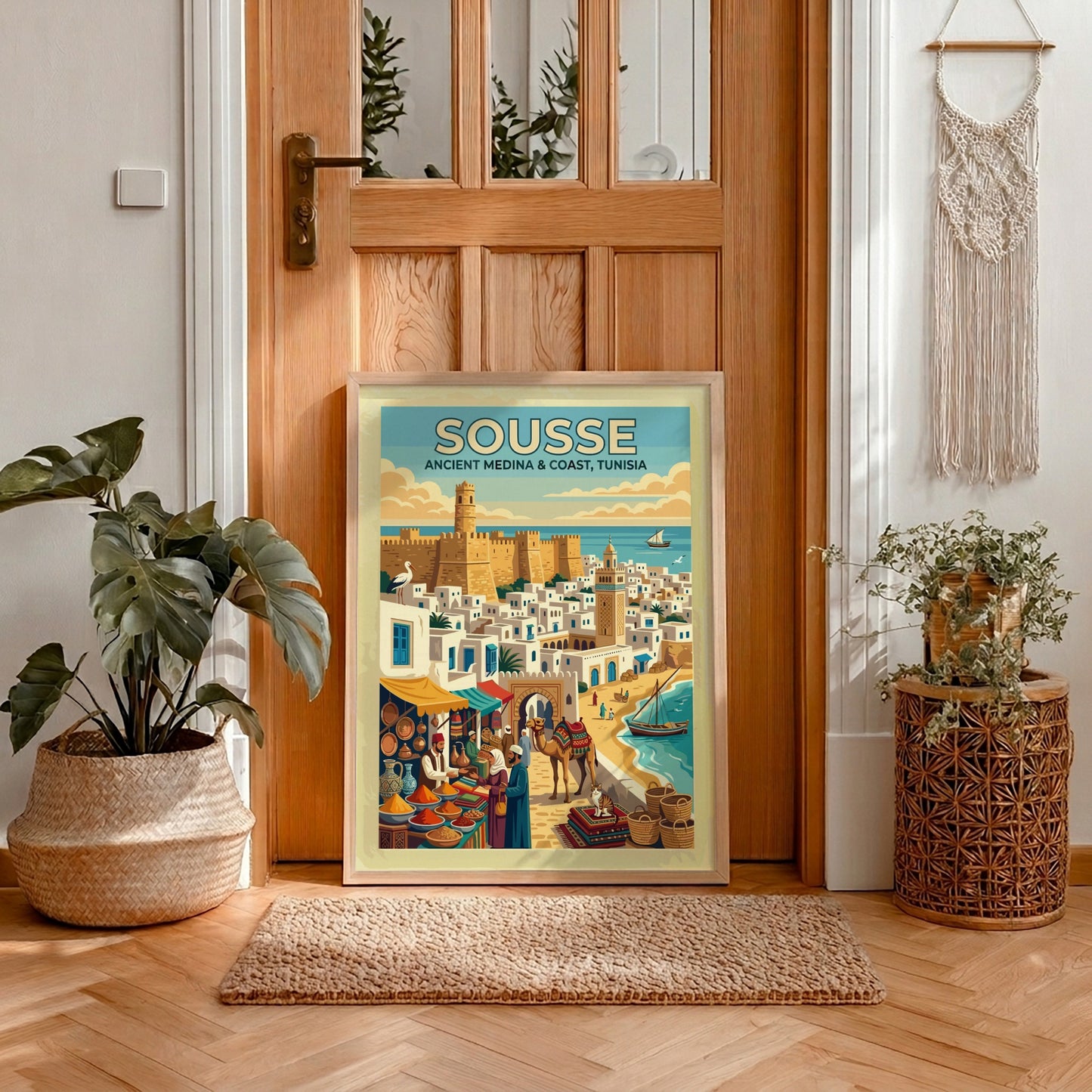 Travel poster of Sousse Tunisia showing a historic medina, spice market, and camel.