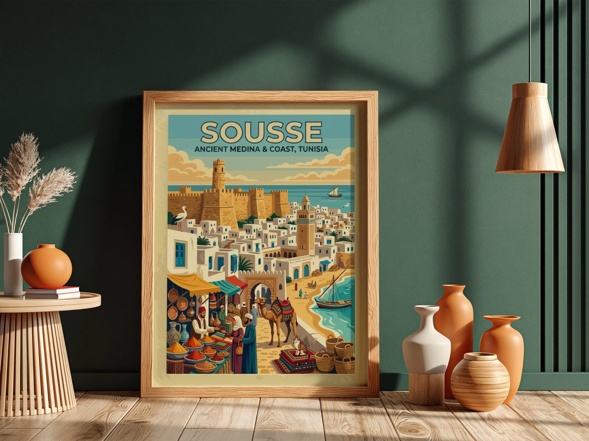 Travel poster of Sousse Tunisia showing a historic medina, spice market, and camel.