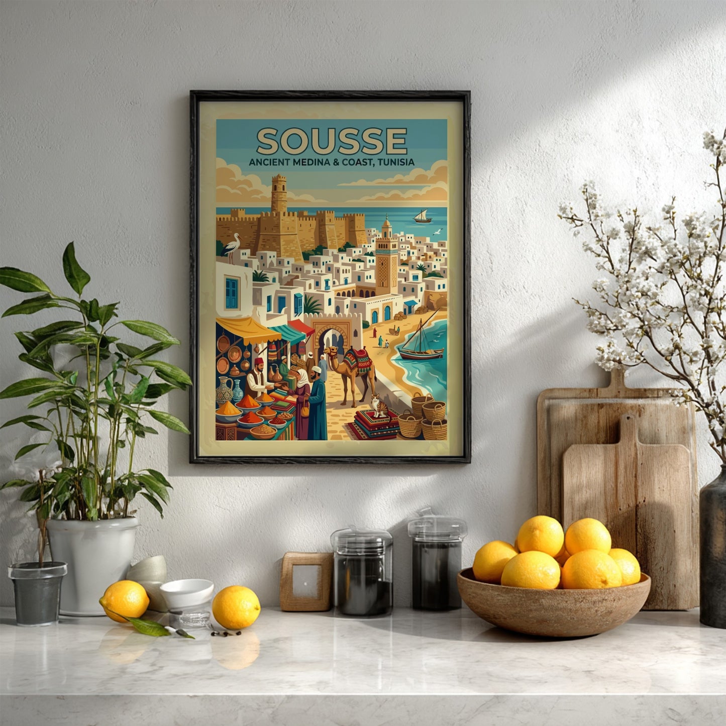 Travel poster of Sousse Tunisia showing a historic medina, spice market, and camel.