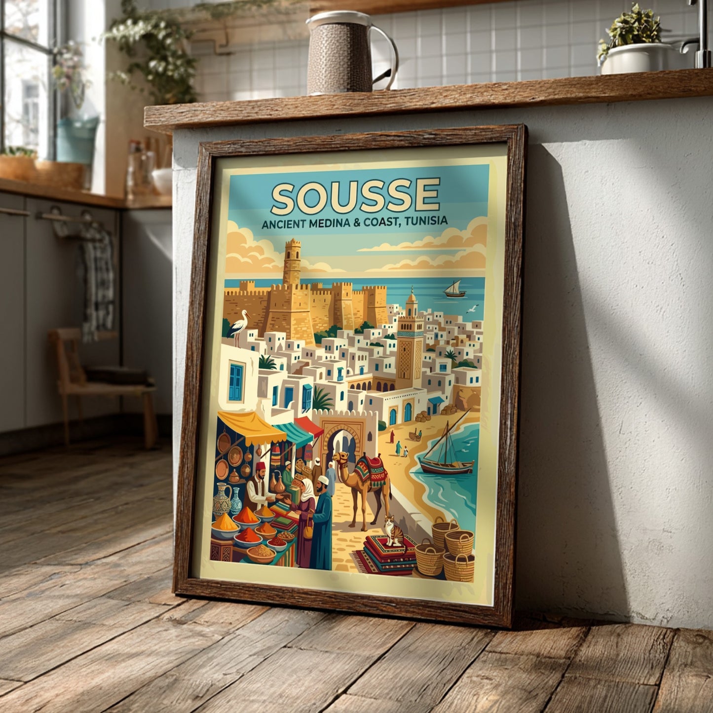 Travel poster of Sousse Tunisia showing a historic medina, spice market, and camel.