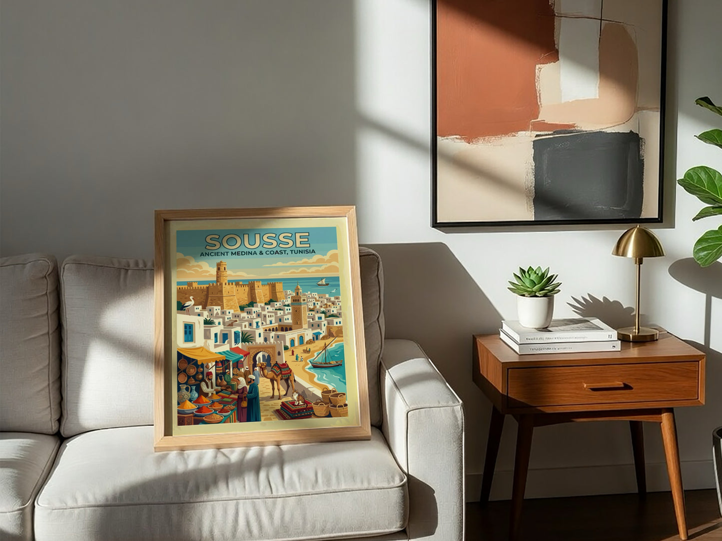 Travel poster of Sousse Tunisia showing a historic medina, spice market, and camel.