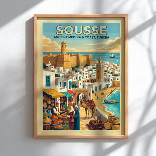 Travel poster of Sousse Tunisia showing a historic medina, spice market, and camel.