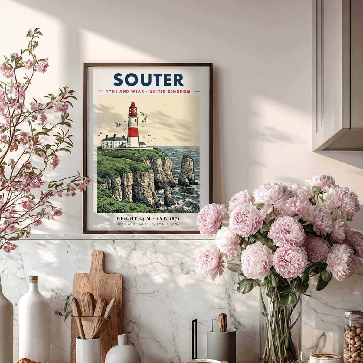 Poster of Souter Lighthouse on a cliff in Tyne and Wear, United Kingdom.