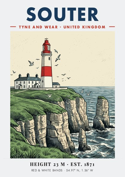 Poster of Souter Lighthouse on a cliff in Tyne and Wear, United Kingdom.
