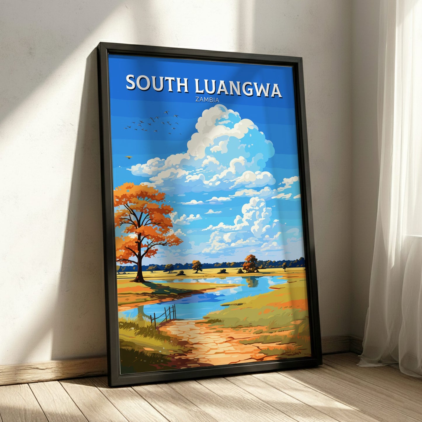 Framed artwork of South Luangwa, Zambia with a scenic landscape.