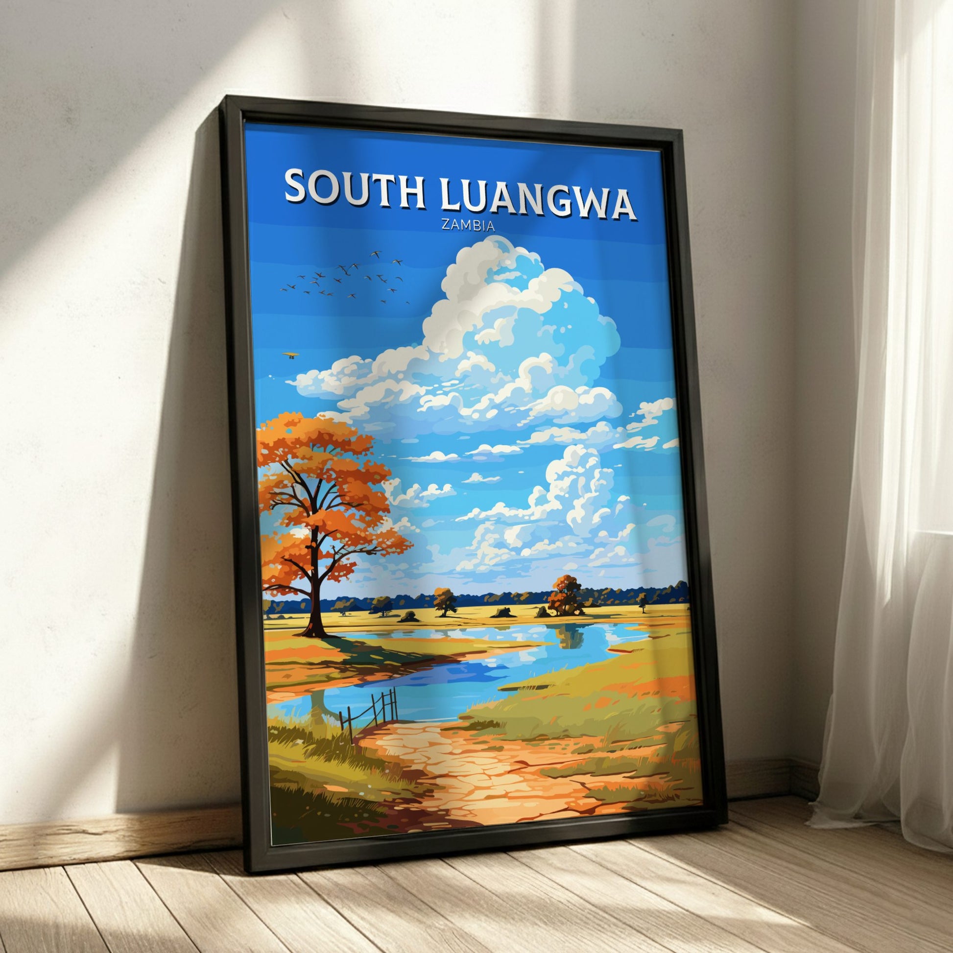 Framed artwork of South Luangwa, Zambia with a scenic landscape.