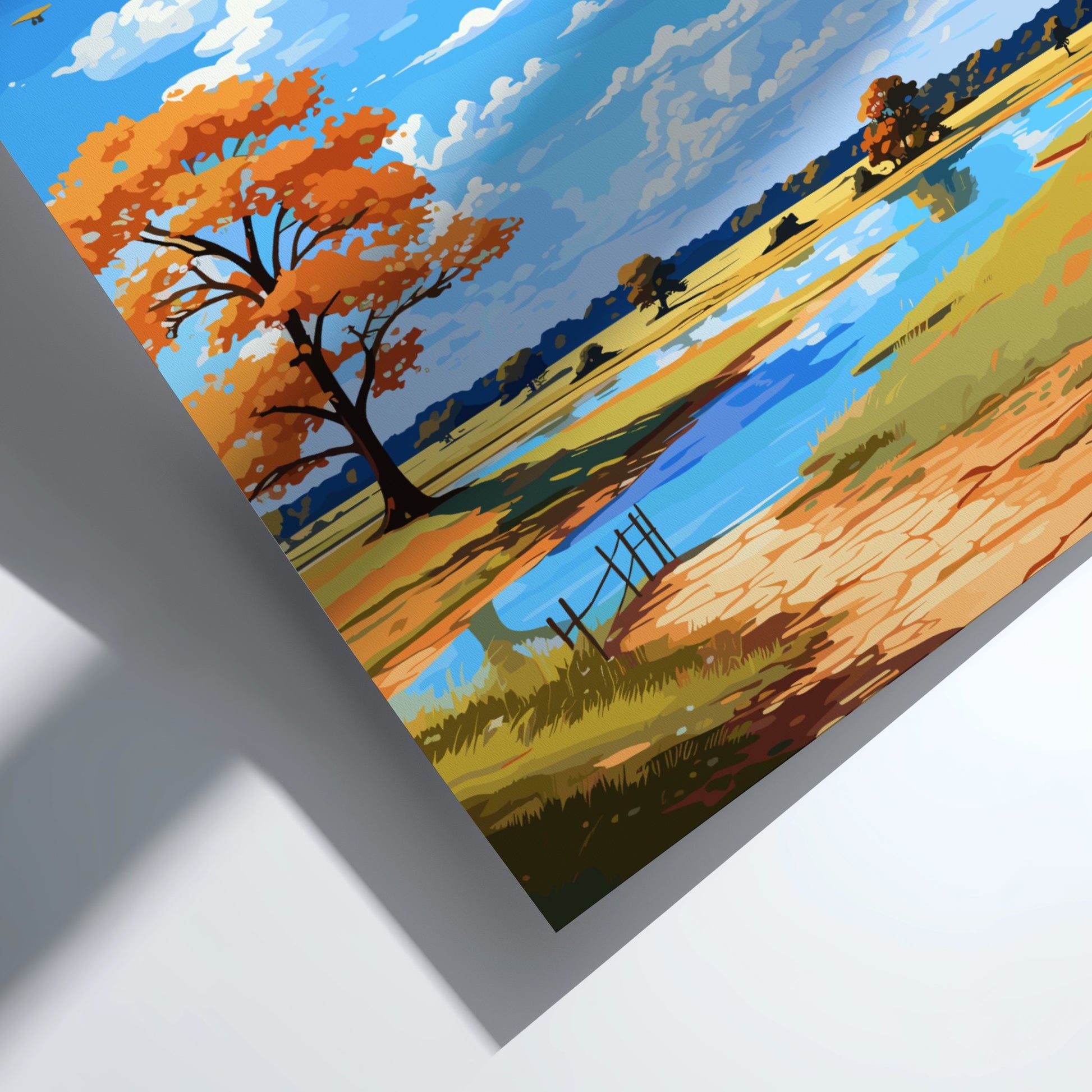 Colorful landscape painting of a field with trees and a blue sky.