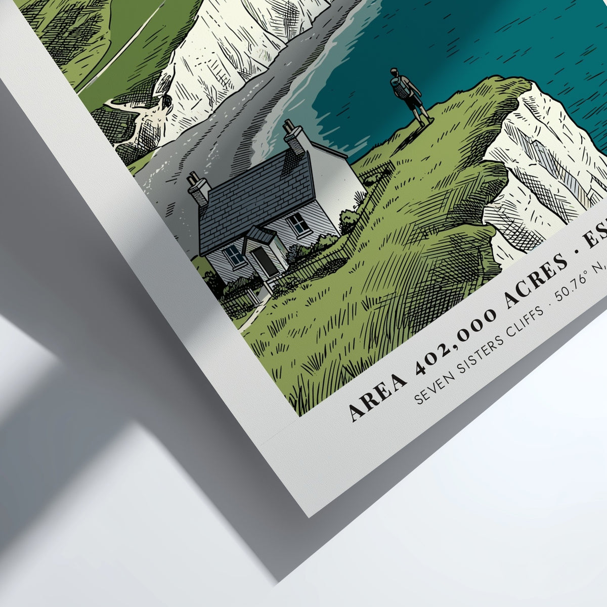 Poster of South Downs National Park featuring white cliffs, a cottage, and hiker.
