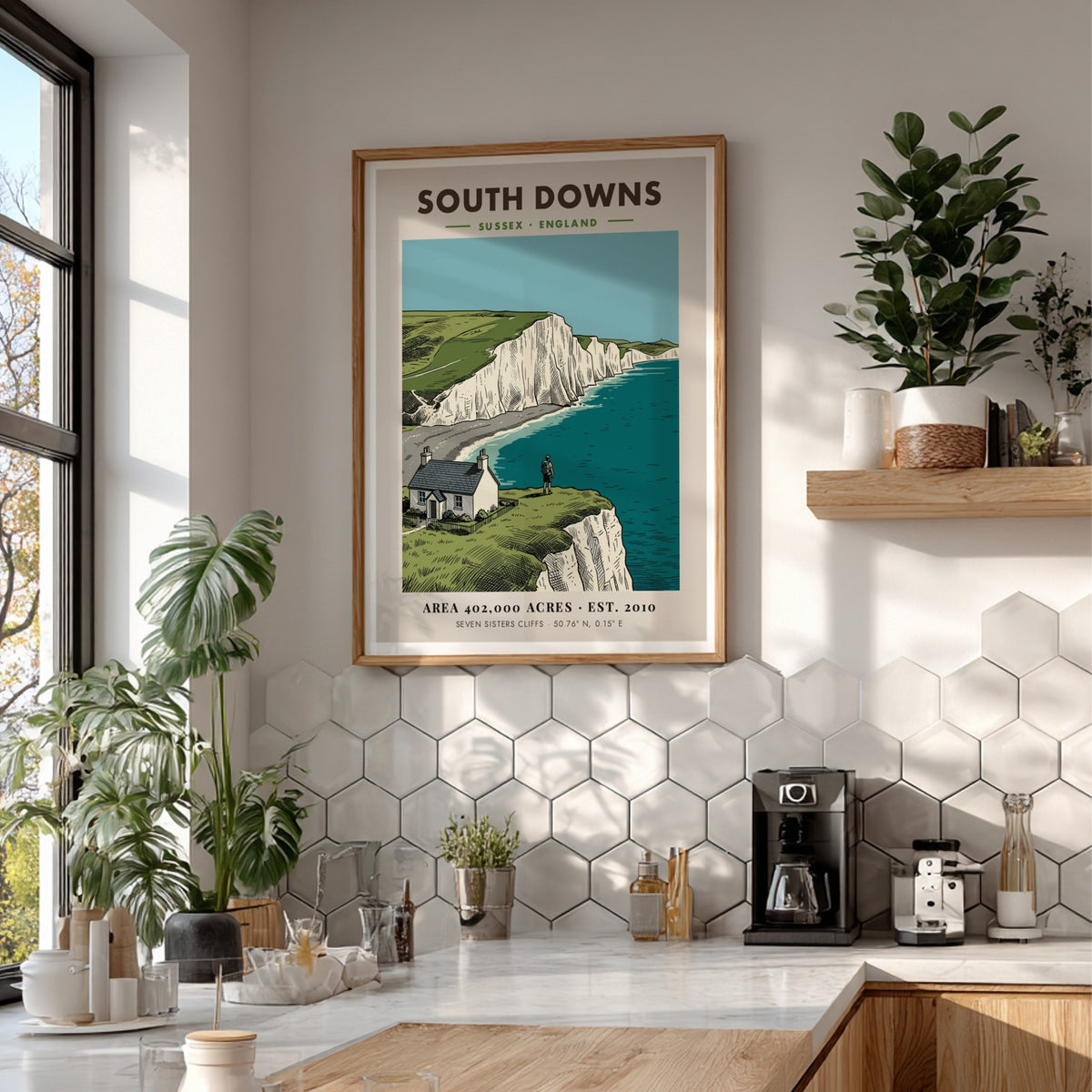 Poster of South Downs National Park featuring white cliffs, a cottage, and hiker.