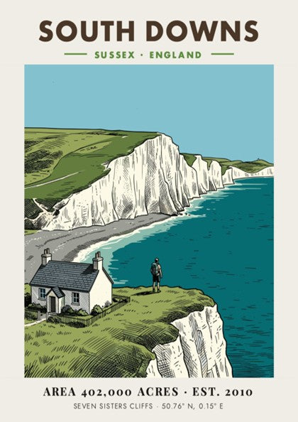 Poster of South Downs National Park featuring white cliffs, a cottage, and hiker.