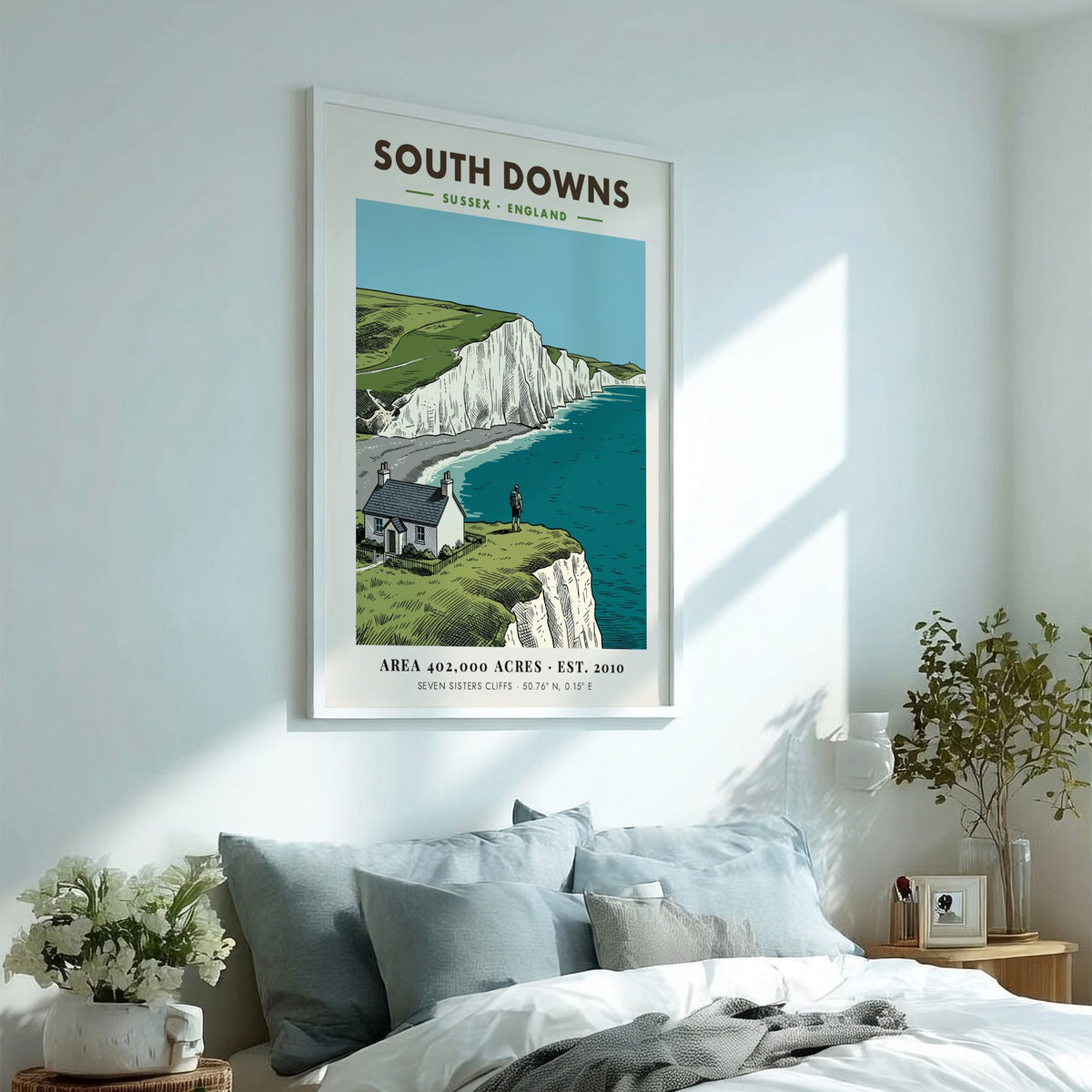 Poster of South Downs National Park featuring white cliffs, a cottage, and hiker.
