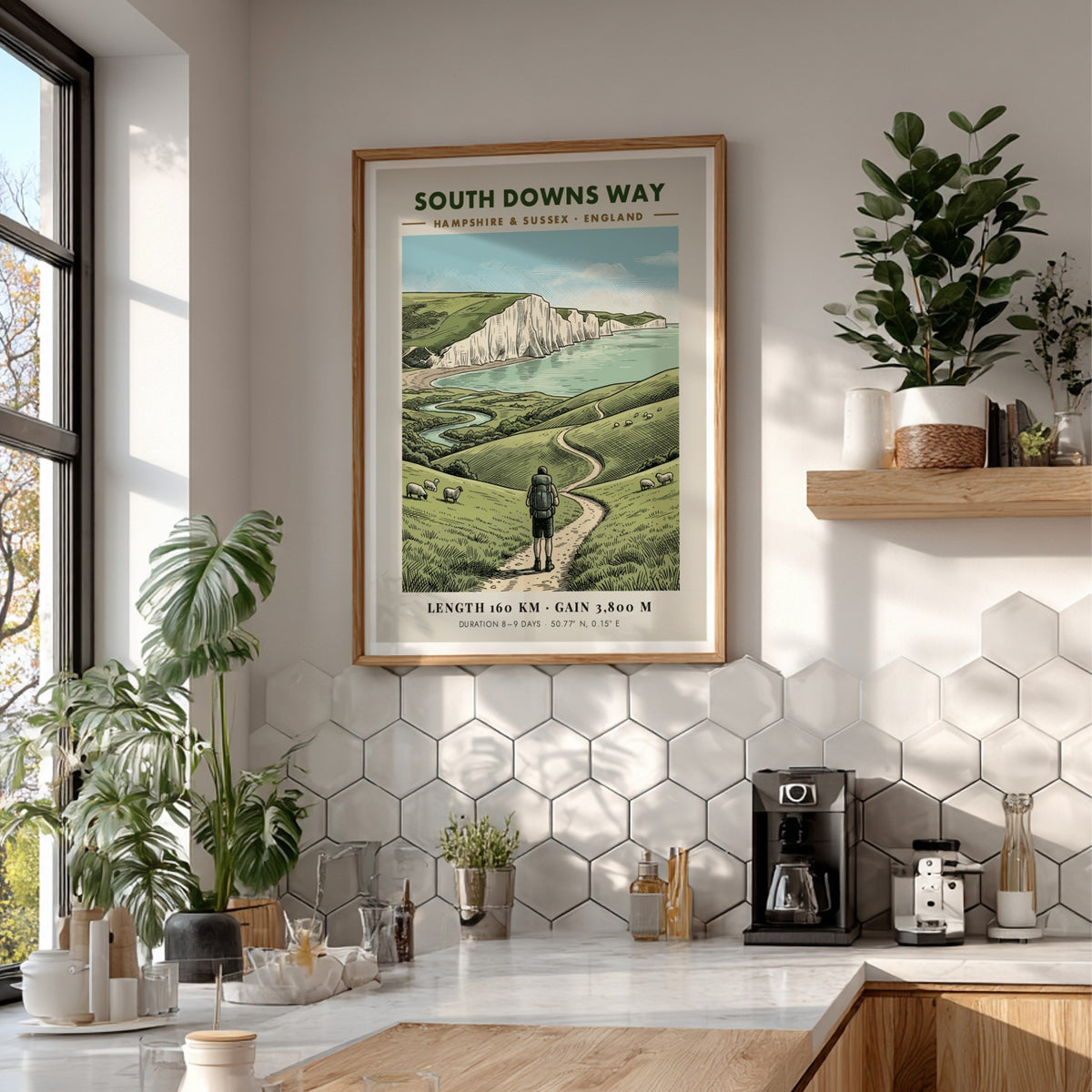 Poster featuring a hiker on the South Downs Way near white chalk cliffs.