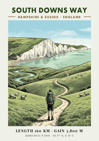 Poster featuring a hiker on the South Downs Way near white chalk cliffs.
