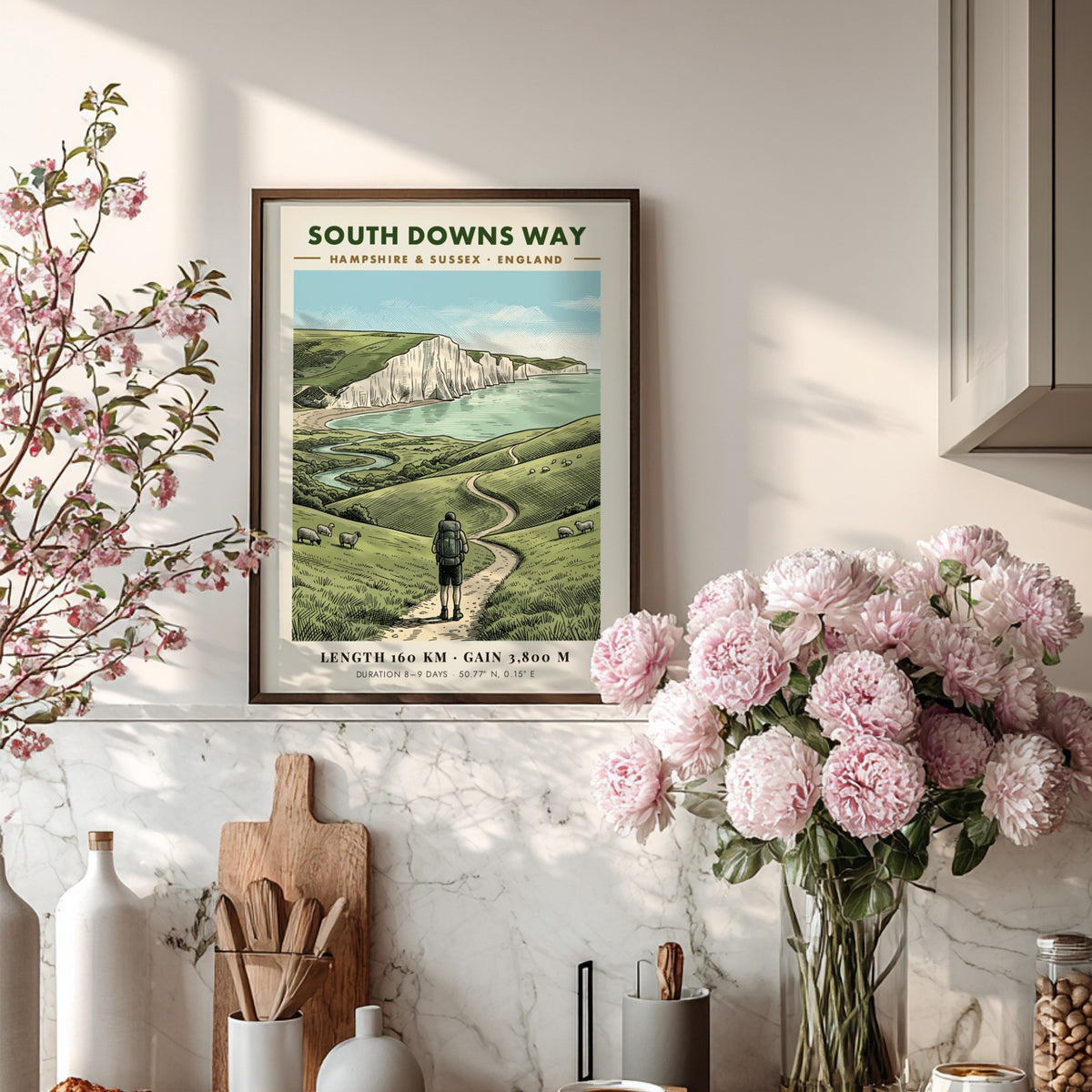 Poster featuring a hiker on the South Downs Way near white chalk cliffs.