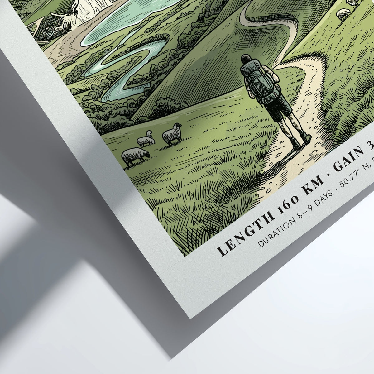 Poster featuring a hiker on the South Downs Way near white chalk cliffs.