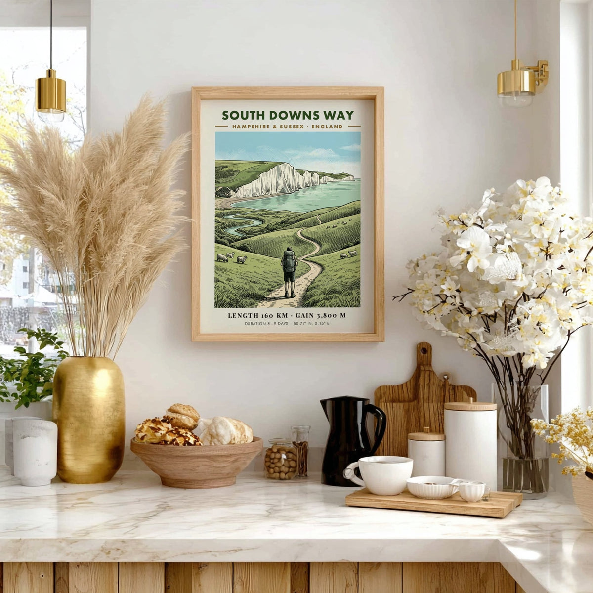 Poster featuring a hiker on the South Downs Way near white chalk cliffs.