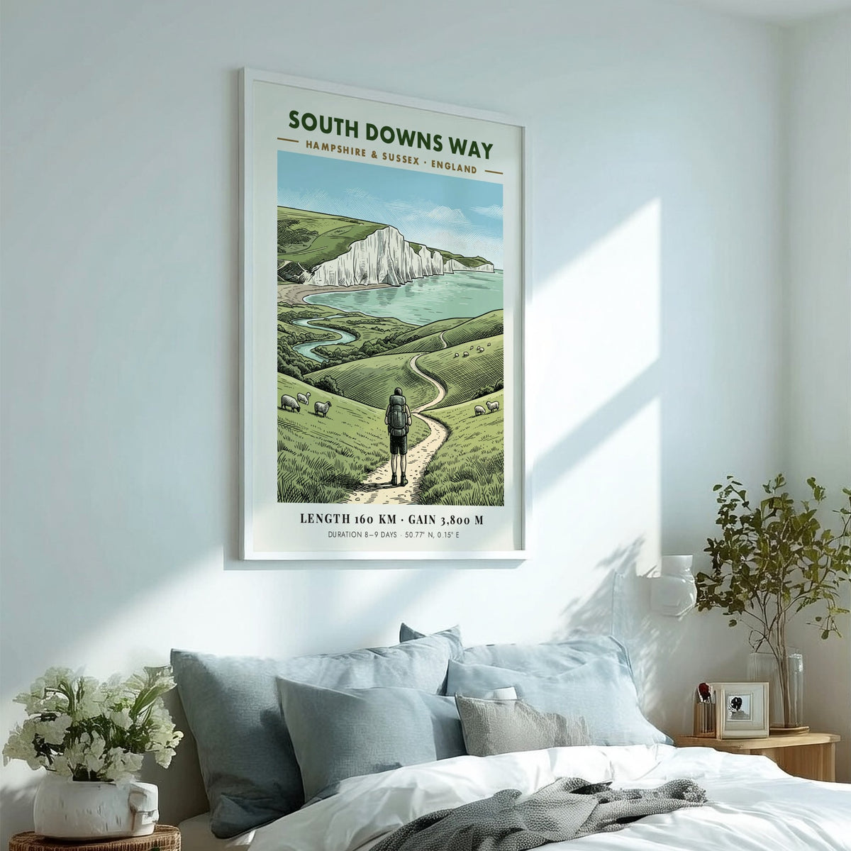 Poster featuring a hiker on the South Downs Way near white chalk cliffs.