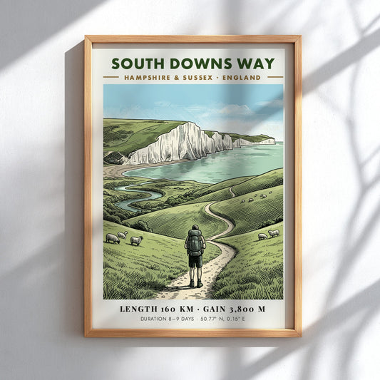 Poster featuring a hiker on the South Downs Way near white chalk cliffs.