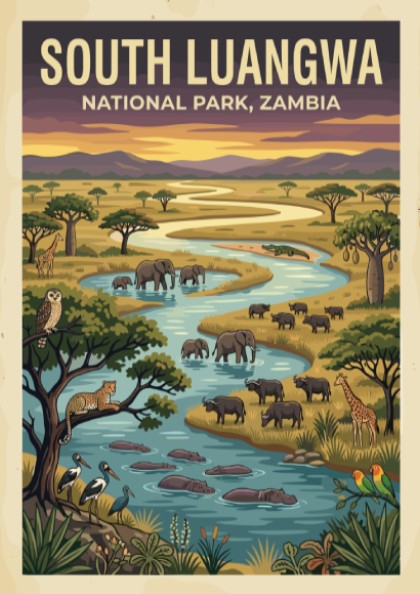 South Luangwa National Park poster featuring vibrant wildlife, elephants, and lush landscapes in colorful,