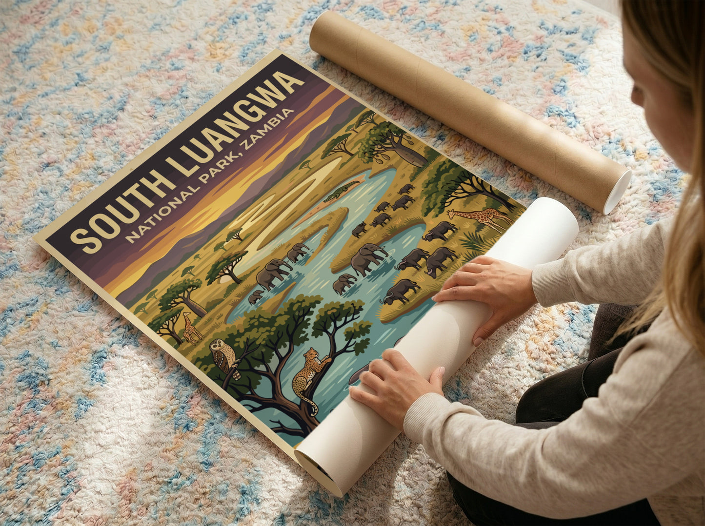 South Luangwa National Park poster featuring vibrant wildlife, elephants, and lush landscapes in colorful,