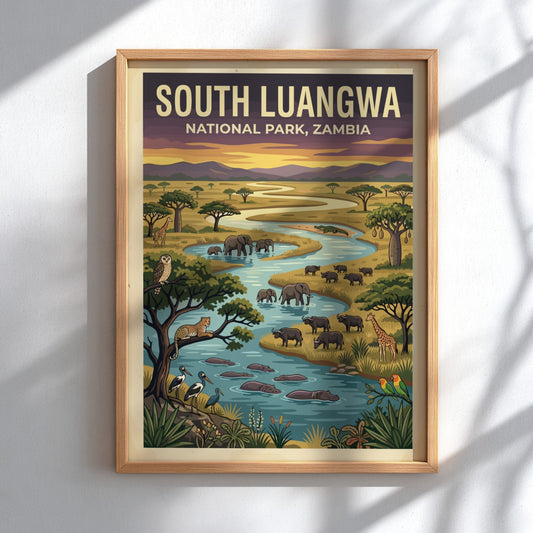South Luangwa National Park poster featuring vibrant wildlife, elephants, and lush landscapes in colorful,