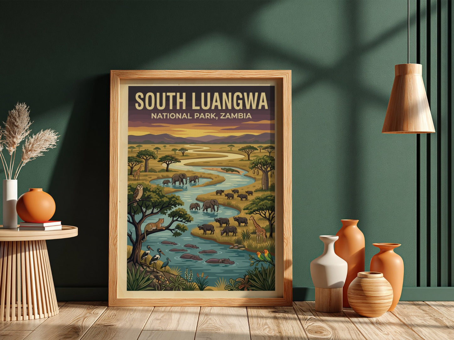 South Luangwa National Park poster featuring vibrant wildlife, elephants, and lush landscapes in colorful,