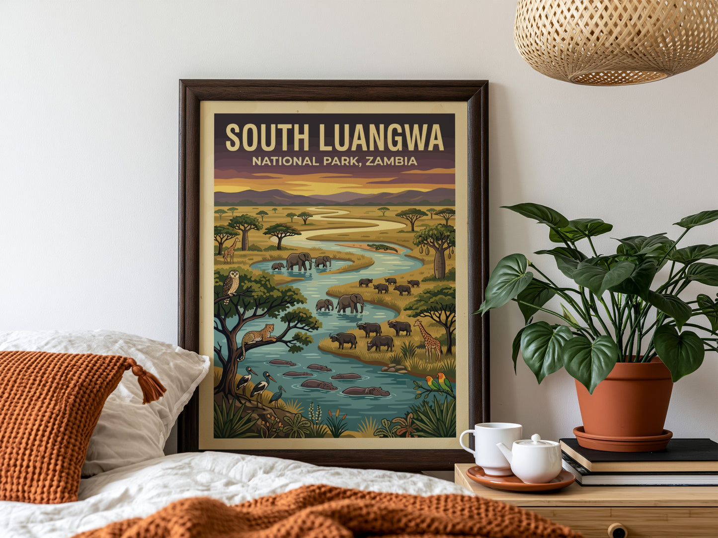 South Luangwa National Park poster featuring vibrant wildlife, elephants, and lush landscapes in colorful,