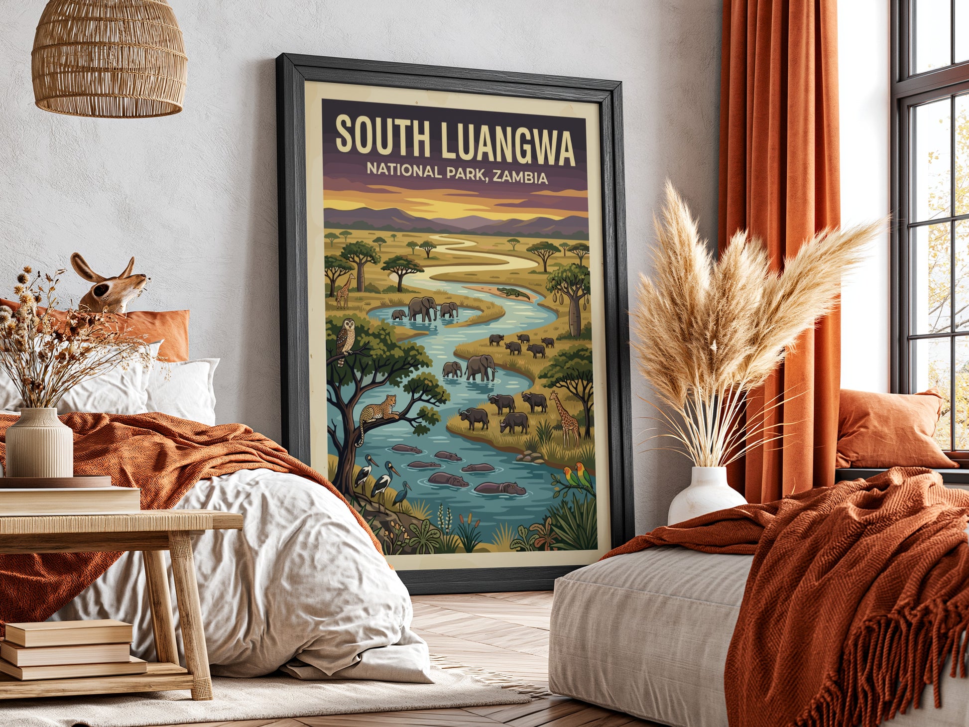 South Luangwa National Park poster featuring vibrant wildlife, elephants, and lush landscapes in colorful,
