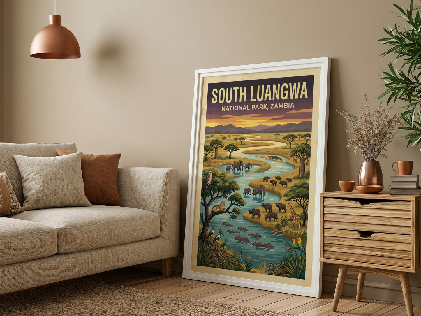 South Luangwa National Park poster featuring vibrant wildlife, elephants, and lush landscapes in colorful,