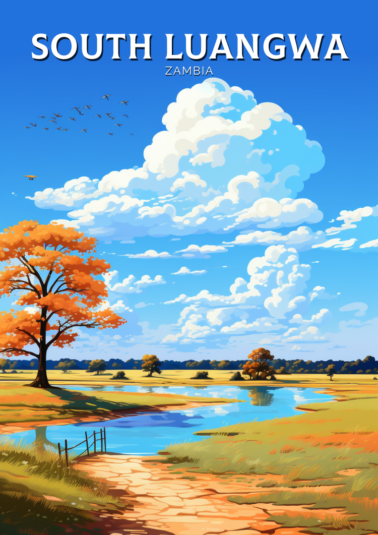 A vibrant travel poster featuring the South Luangwa region in Zambia with a scenic depiction of the landscape and a leopard.