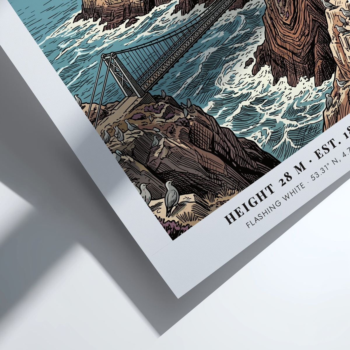 Poster of South Stack Lighthouse in Anglesey featuring a bridge, cliffs, and seagulls.
